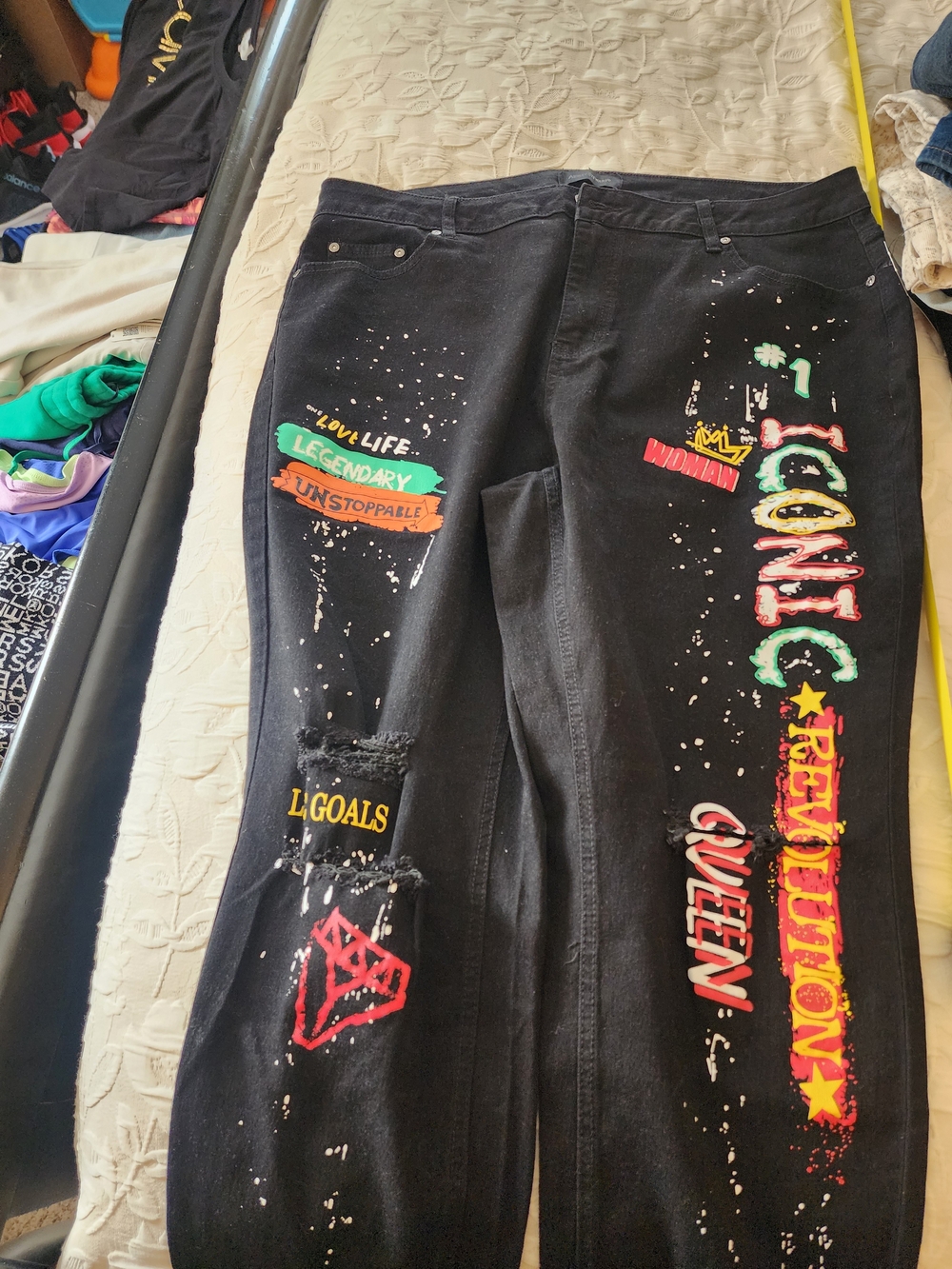 Ashley Stewart Black Straight-Leg Graphic Jeans with Multicolor Prints